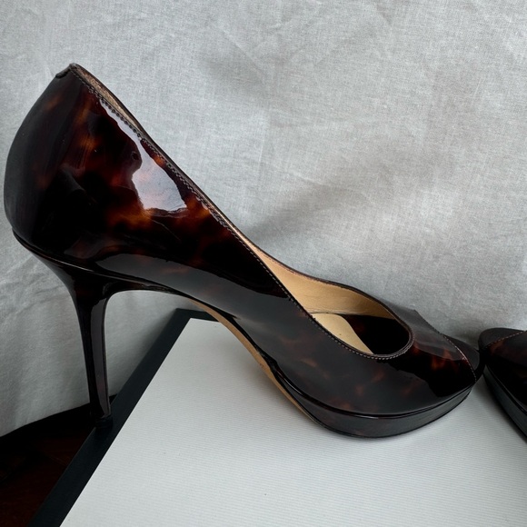 Jimmy Choo Tortoiseshell Patent Leather Peep Toe Heels - Picture 5 of 8